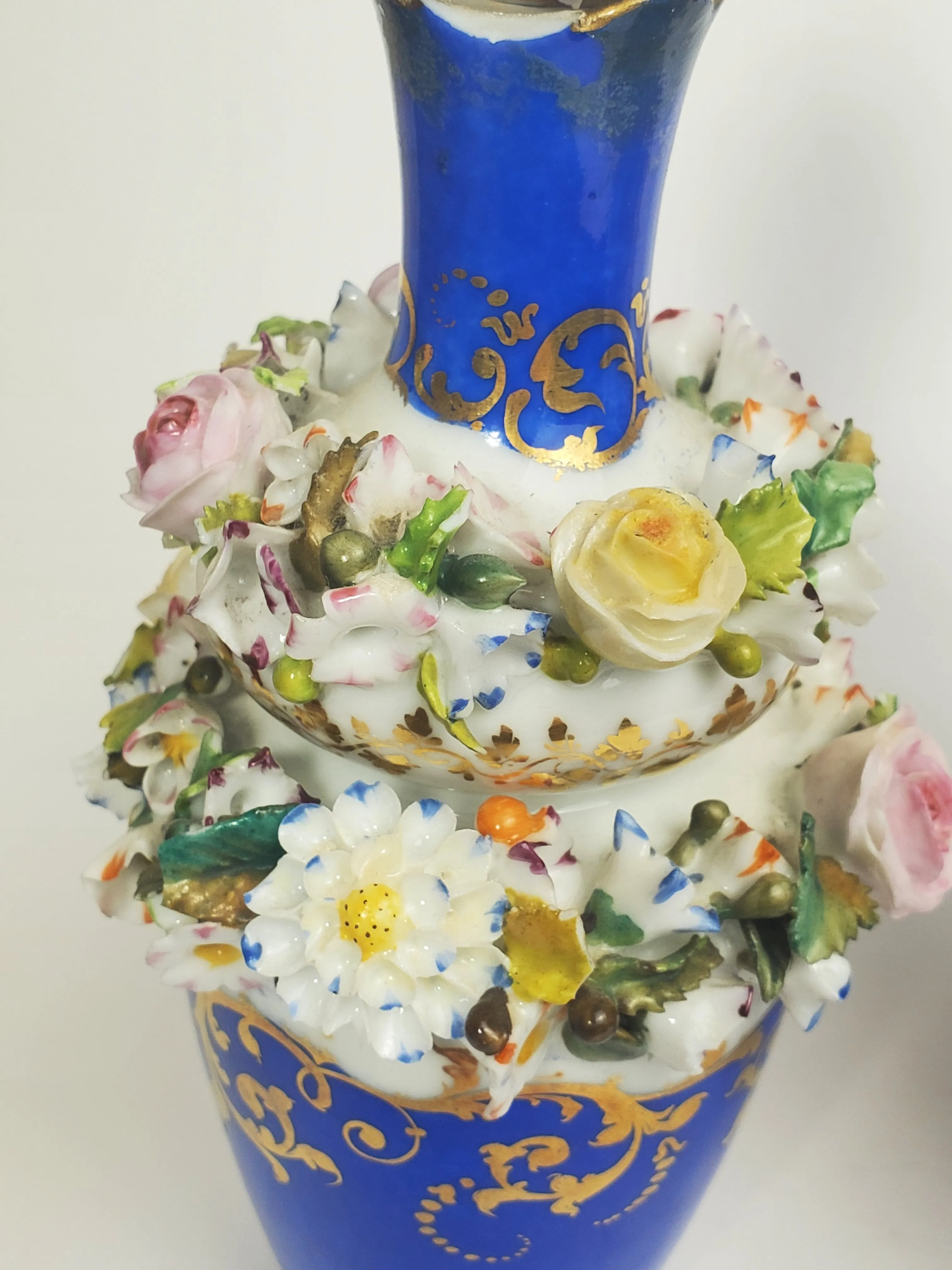 Jacob Petit - Antique Pair of Porcelain Flower Encrusted Scent Bottles With Stoppers