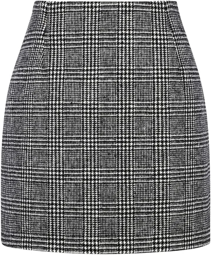 Kinghua Womens Wool Plaid Mini Skirt Fall Winter High Waisted Bodycon Pencil Skirt