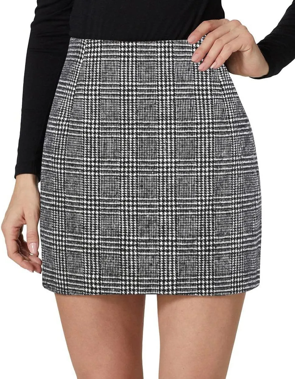 Kinghua Womens Wool Plaid Mini Skirt Fall Winter High Waisted Bodycon Pencil Skirt
