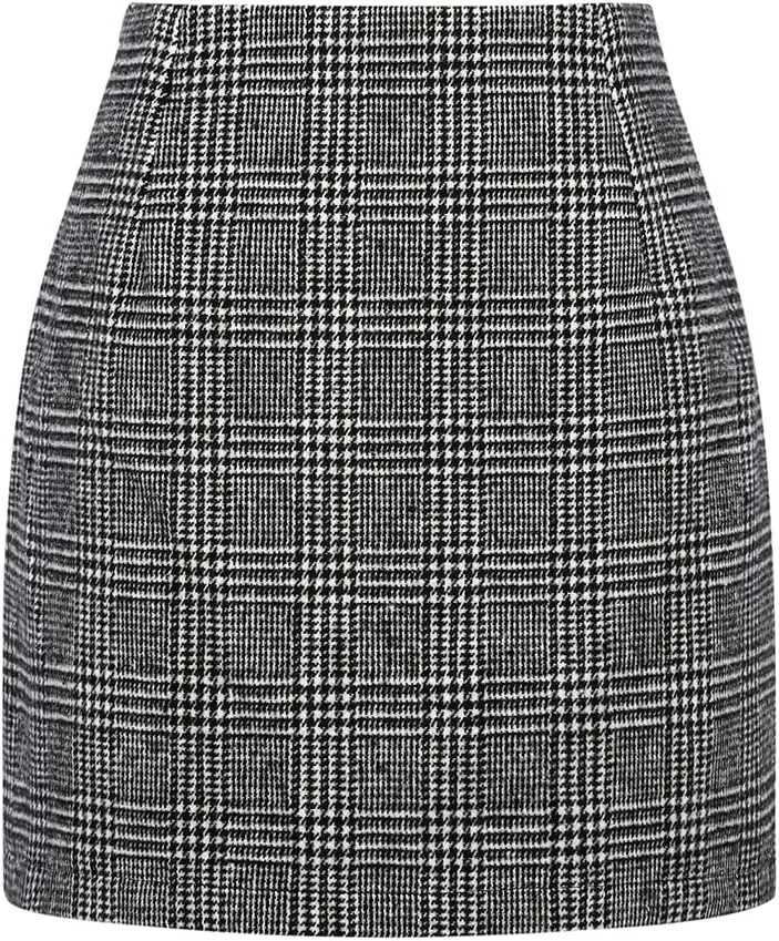 Kinghua Womens Wool Plaid Mini Skirt Fall Winter High Waisted Bodycon Pencil Skirt