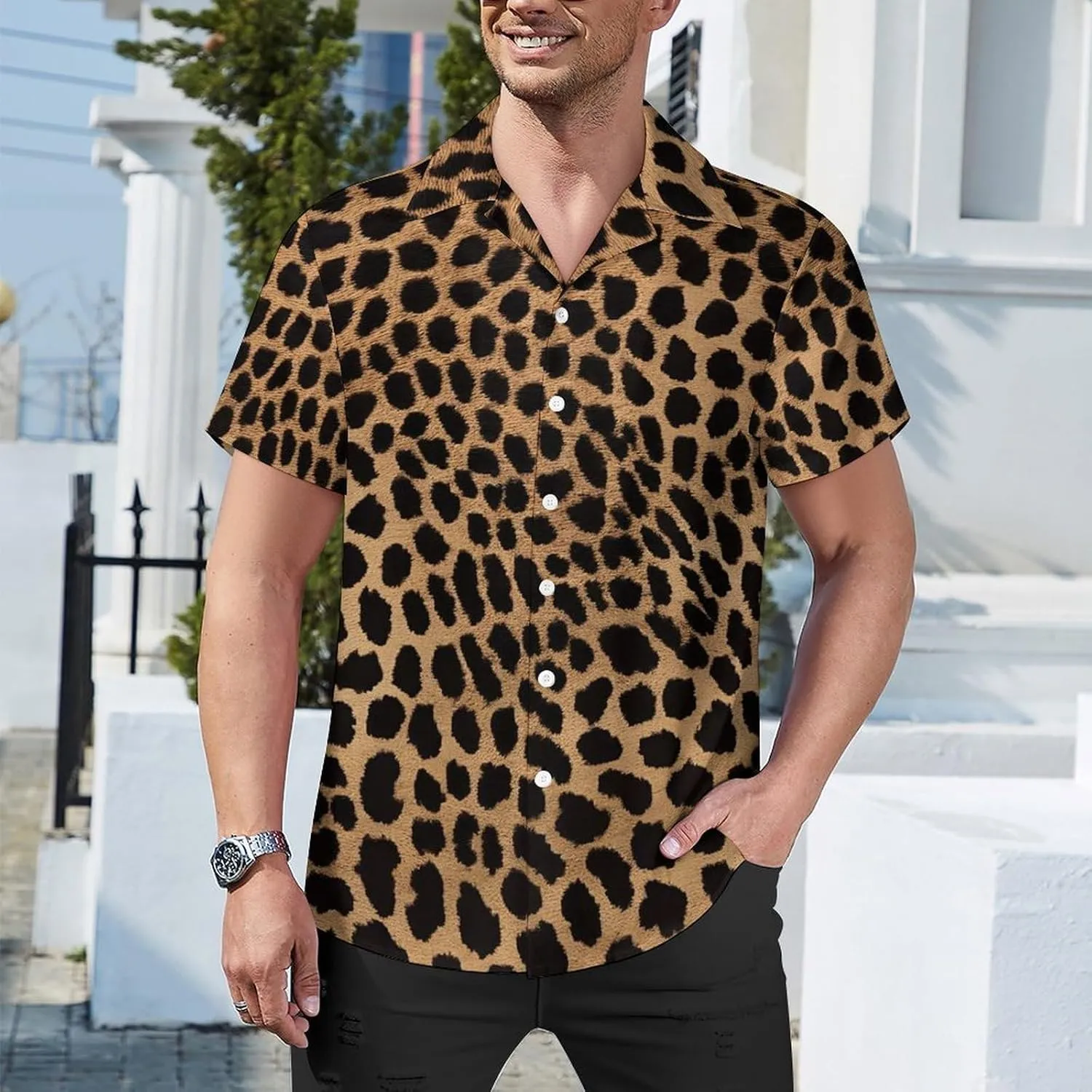 Leopard Print Print Cuban Collar Shirt Classic Design for Comfort and Style