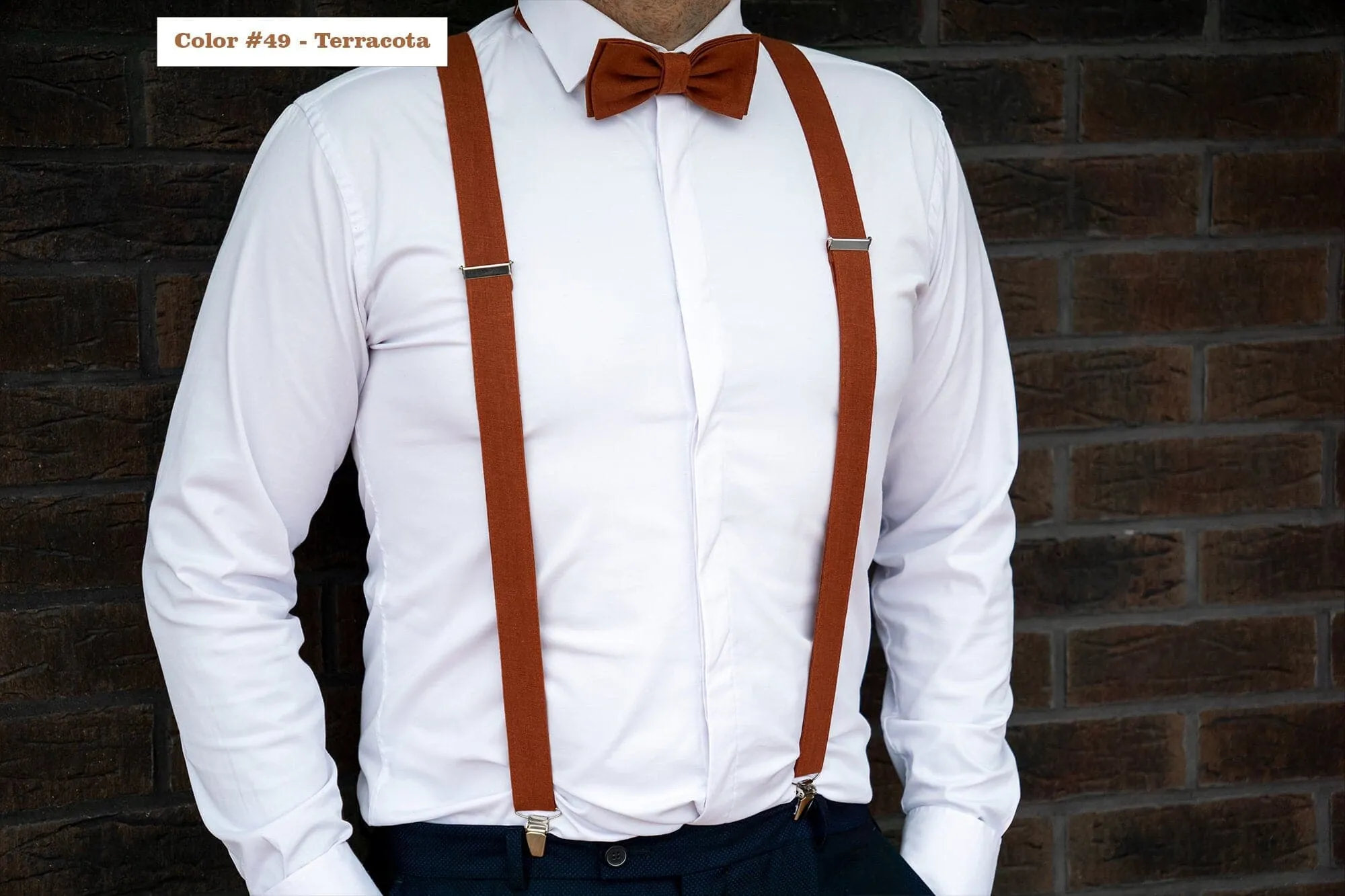 Linen Terracotta Wedding Set: Bow Tie, Pocket Square, Necktie, Suspenders for Groom, Groomsmen, and Boys