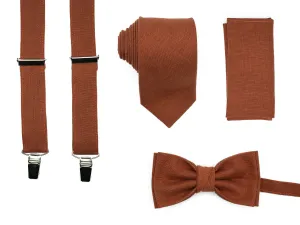 Linen Terracotta Wedding Set: Bow Tie, Pocket Square, Necktie, Suspenders for Groom, Groomsmen, and Boys