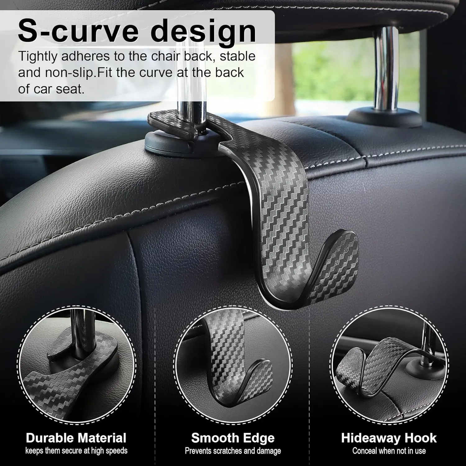 LivTee Car Purse Hook, 4 Pack Universal Auto Seat Headrest Hook Hangers Organizer for Coats, Umbrellas, Groceries - Carbon Fiber Black