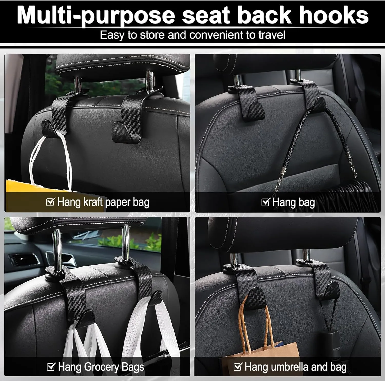LivTee Car Purse Hook, 4 Pack Universal Auto Seat Headrest Hook Hangers Organizer for Coats, Umbrellas, Groceries - Carbon Fiber Black