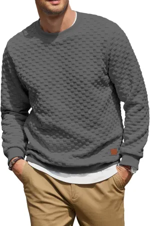 Men's Crewneck Sweatshirts Solid Color Checkered 3D Texture Long Sleeve Casual Basics Pullover Shirt