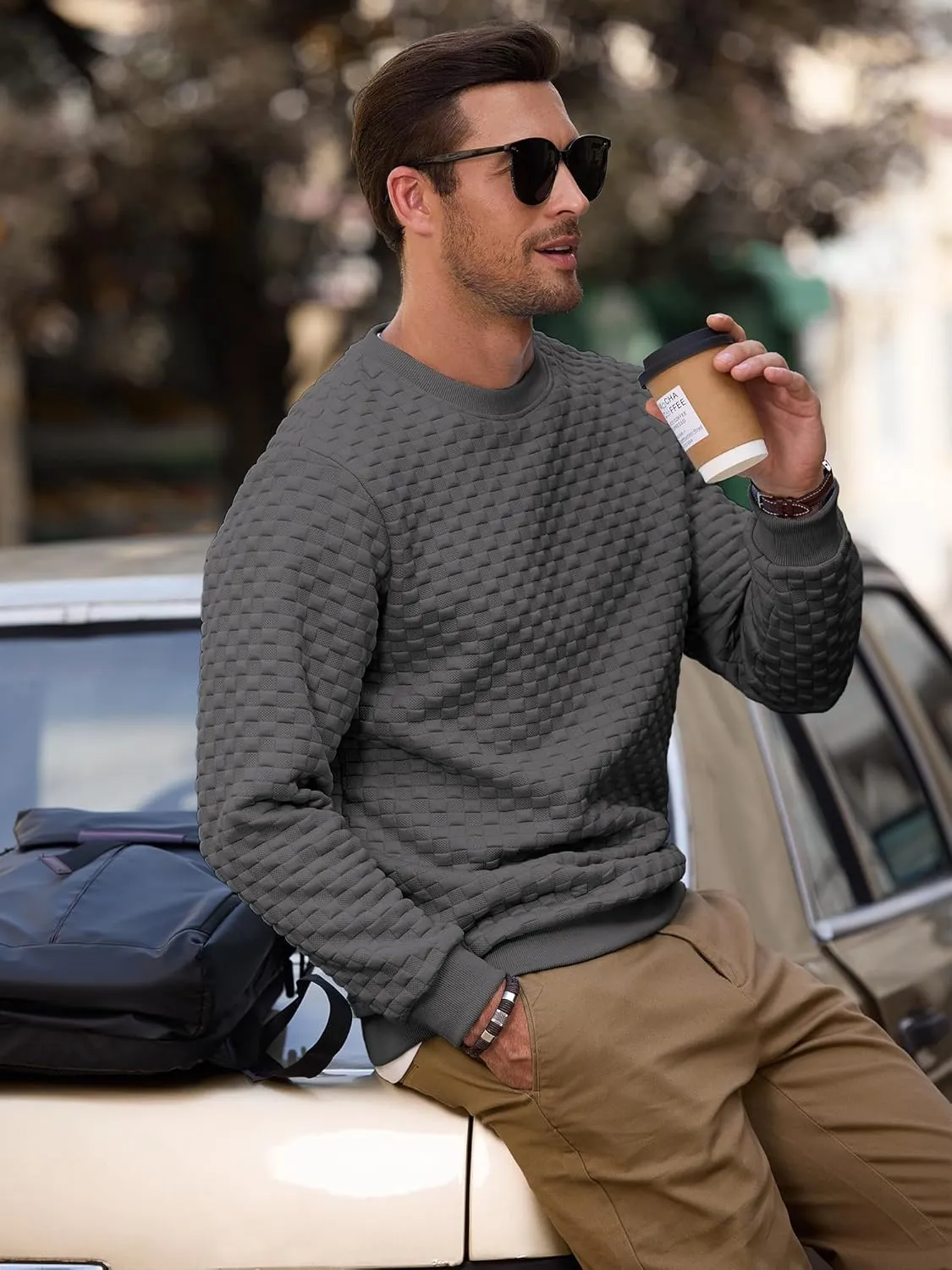Men's Crewneck Sweatshirts Solid Color Checkered 3D Texture Long Sleeve Casual Basics Pullover Shirt