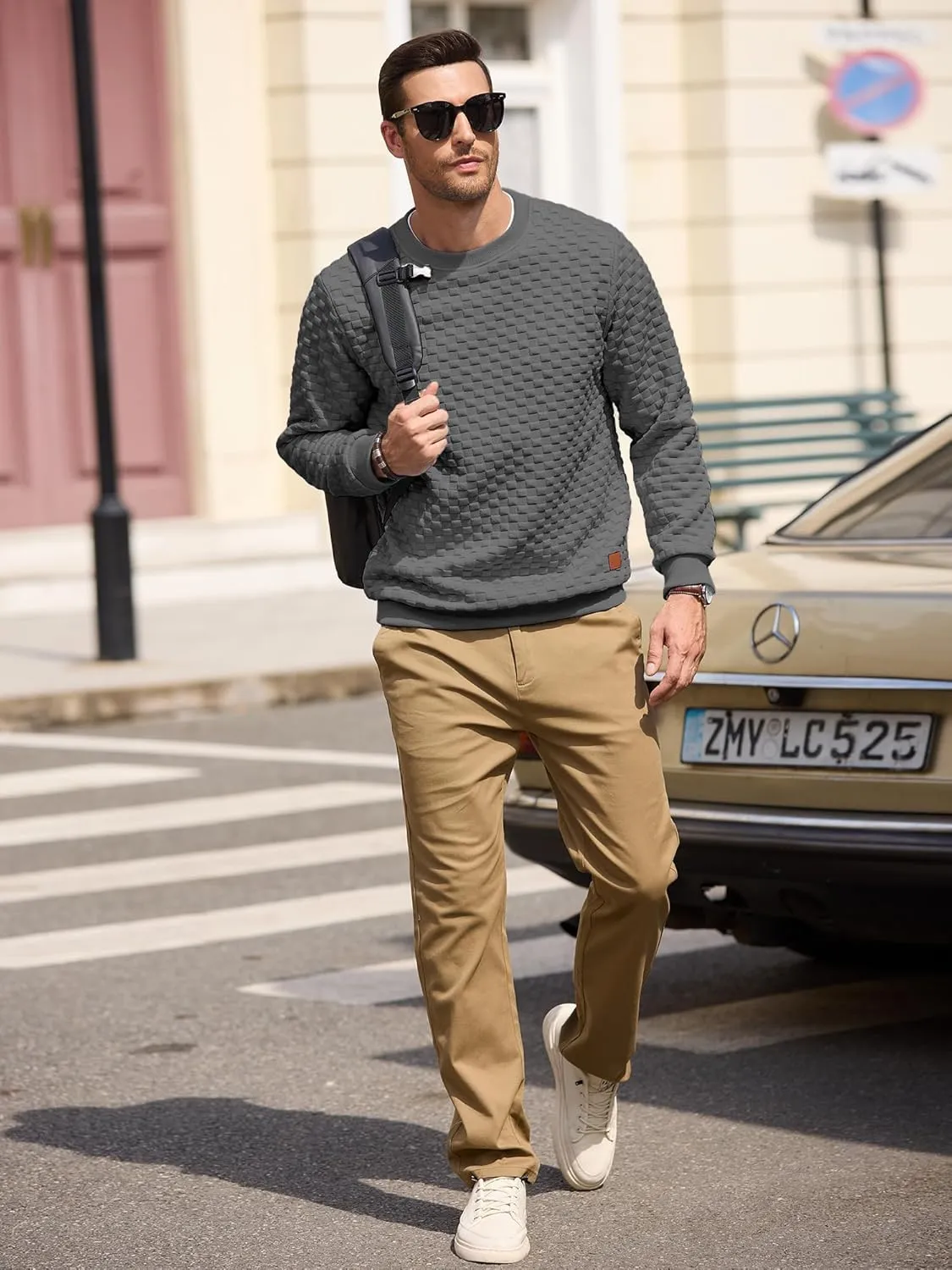 Men's Crewneck Sweatshirts Solid Color Checkered 3D Texture Long Sleeve Casual Basics Pullover Shirt