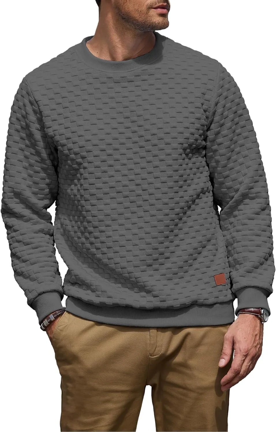 Men's Crewneck Sweatshirts Solid Color Checkered 3D Texture Long Sleeve Casual Basics Pullover Shirt
