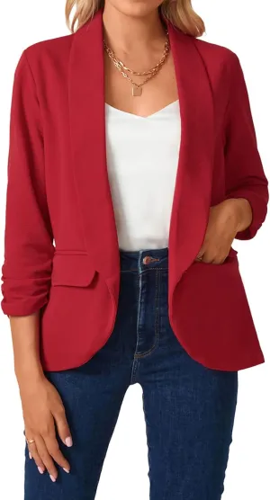 MINTLIMIT Womens Blazer 3/4 Ruched Sleeve Shawl Collar Business Work Blazers Open Front Casual Jackets with Pockets