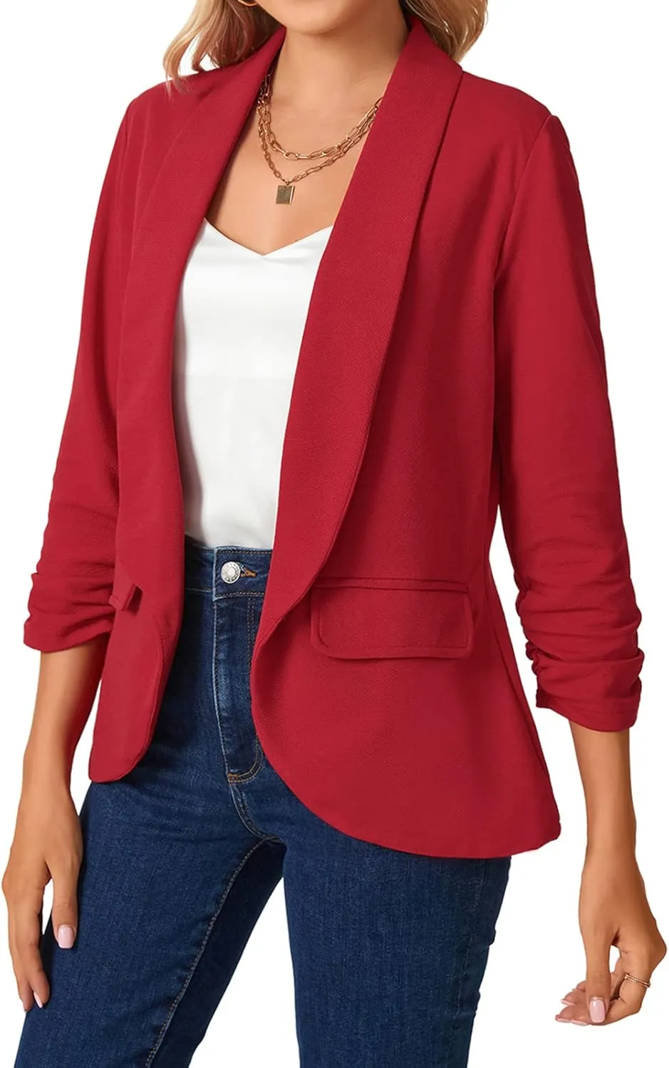 MINTLIMIT Womens Blazer 3/4 Ruched Sleeve Shawl Collar Business Work Blazers Open Front Casual Jackets with Pockets
