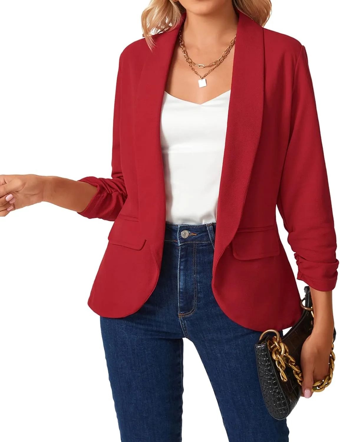 MINTLIMIT Womens Blazer 3/4 Ruched Sleeve Shawl Collar Business Work Blazers Open Front Casual Jackets with Pockets
