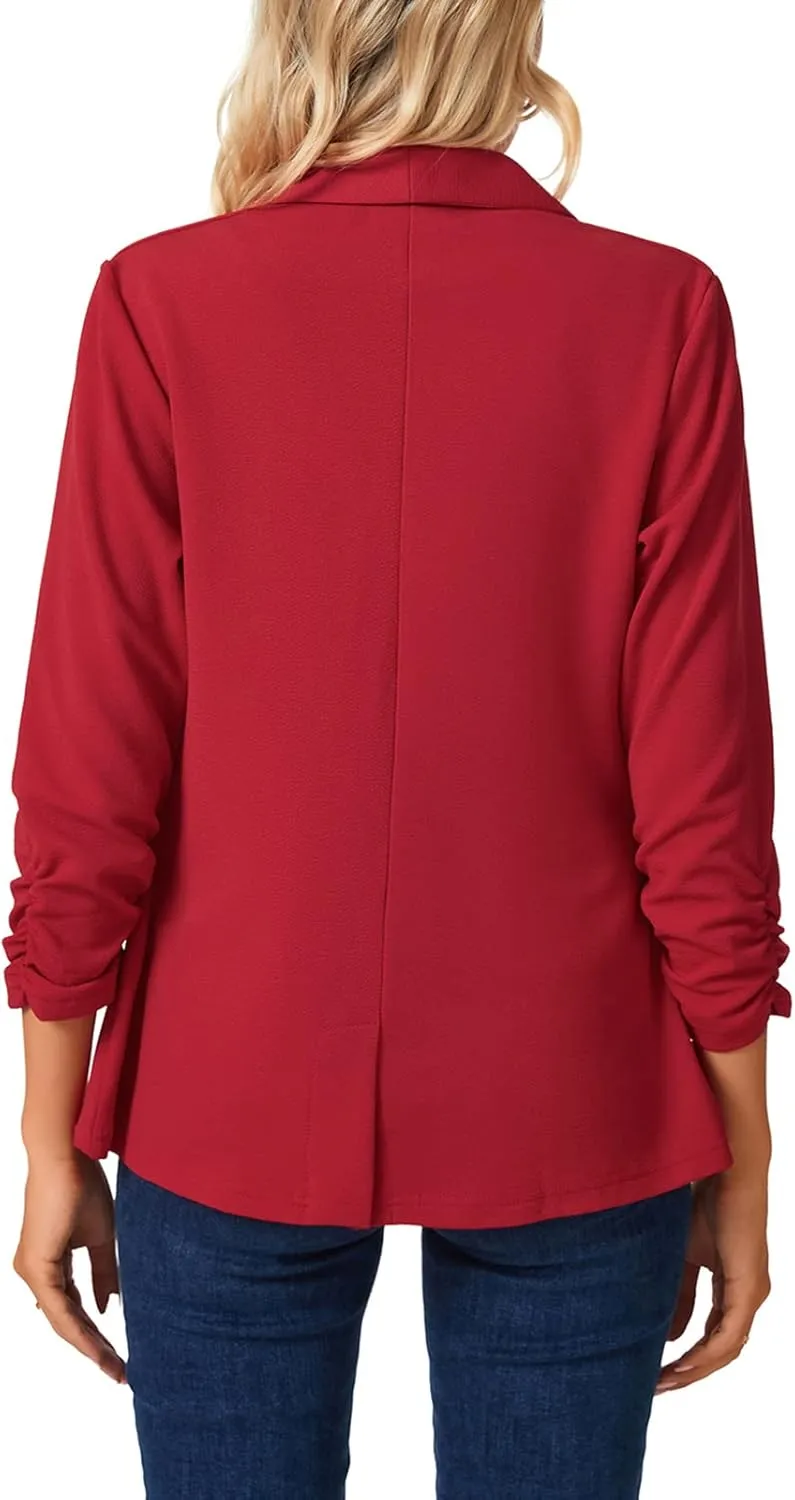 MINTLIMIT Womens Blazer 3/4 Ruched Sleeve Shawl Collar Business Work Blazers Open Front Casual Jackets with Pockets