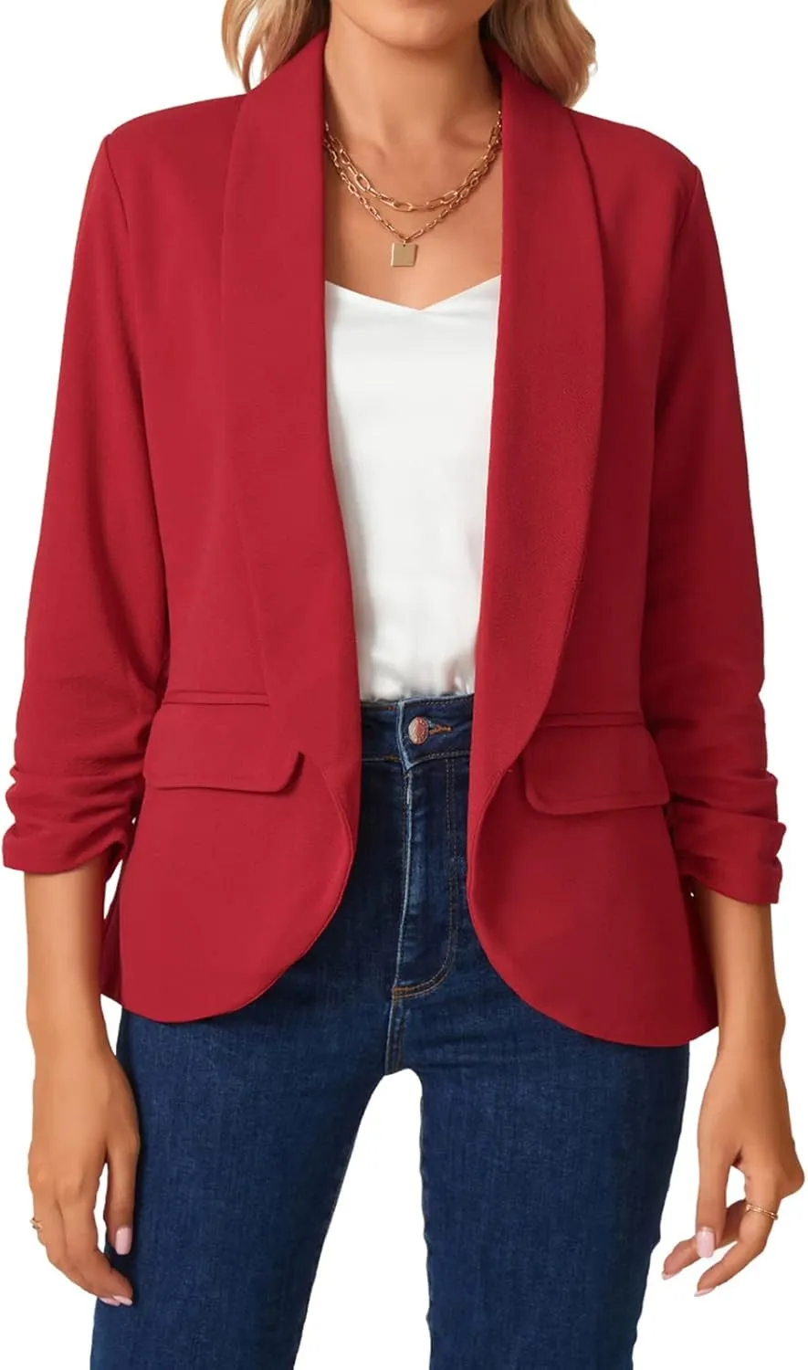 MINTLIMIT Womens Blazer 3/4 Ruched Sleeve Shawl Collar Business Work Blazers Open Front Casual Jackets with Pockets