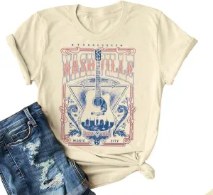 Nashville Shirts for Women Tennessee Country Music Festival Tshirt Vintage Guitar Graphic Tees Rock and Roll Tennessee Tops Beige