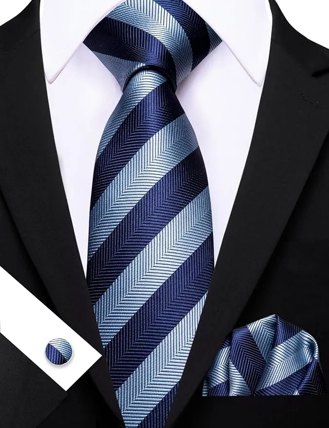 Navy- and Sky-Blue Stripe Necktie Set-LBW1465