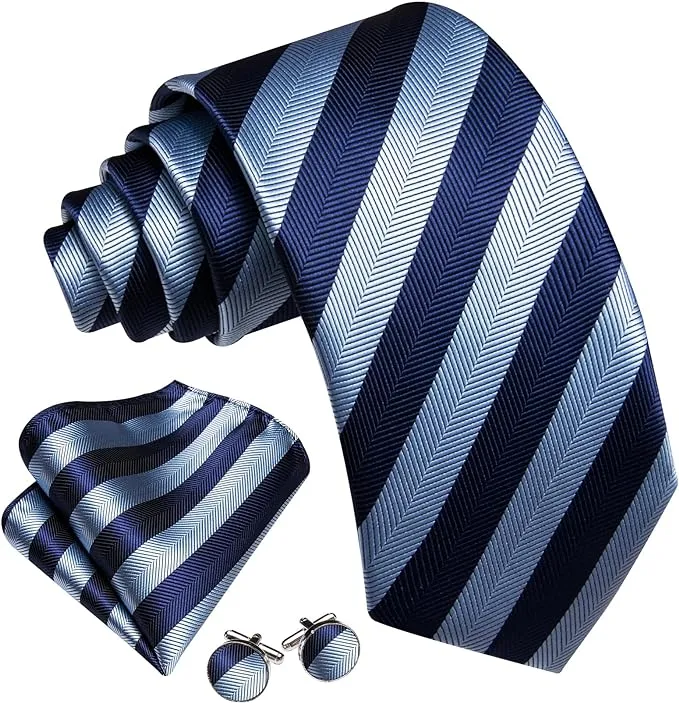Navy- and Sky-Blue Stripe Necktie Set-LBW1465