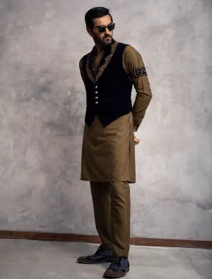 NAVY BLUE LAPEL EMBROIDERED VELVET WAISTCOAT