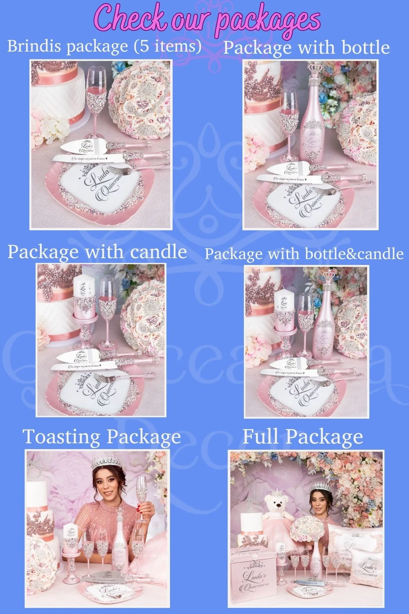 Navy blue with gold quinceanera brindis package (5 pcs)