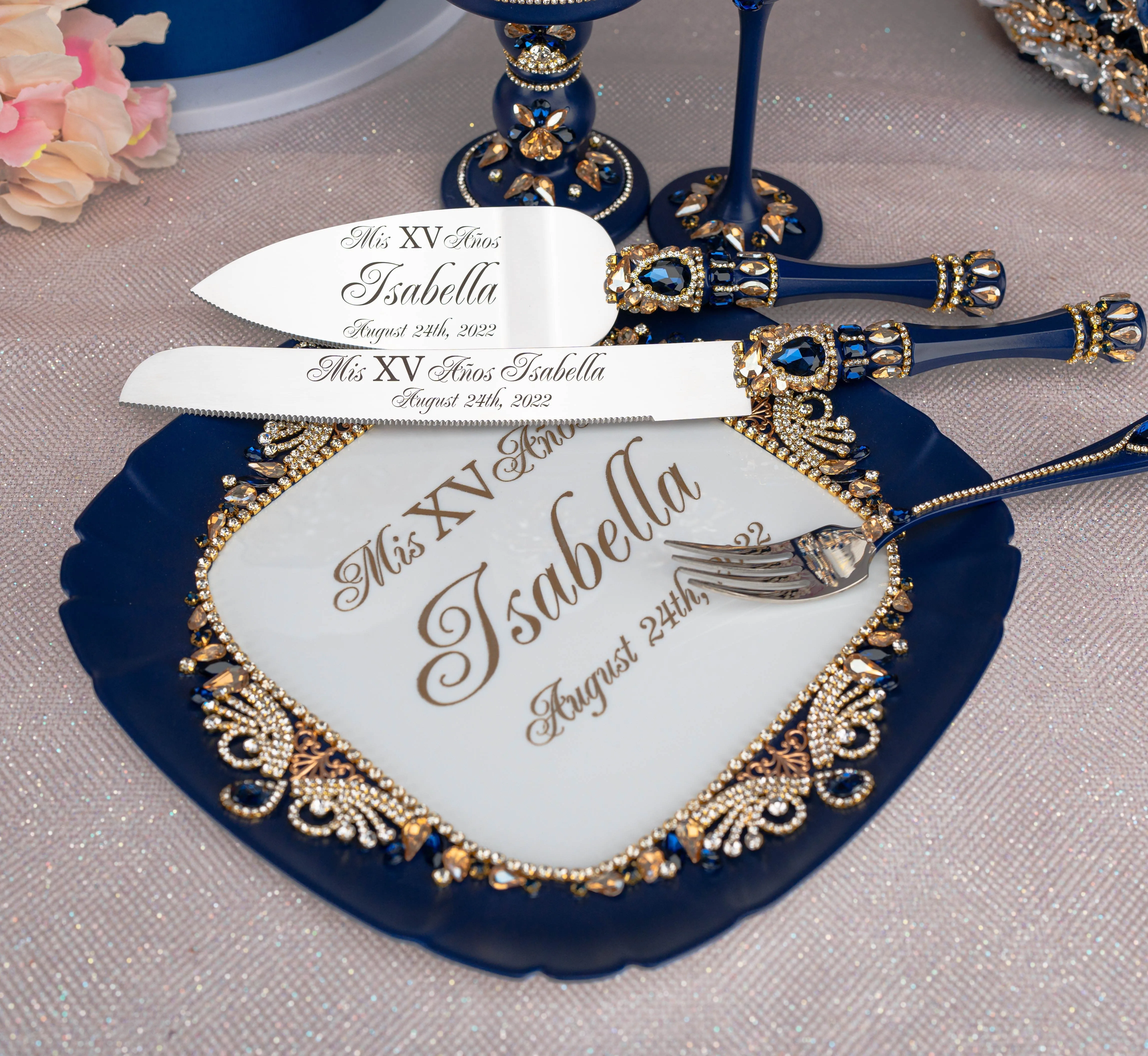 Navy blue with gold quinceanera brindis package (5 pcs)