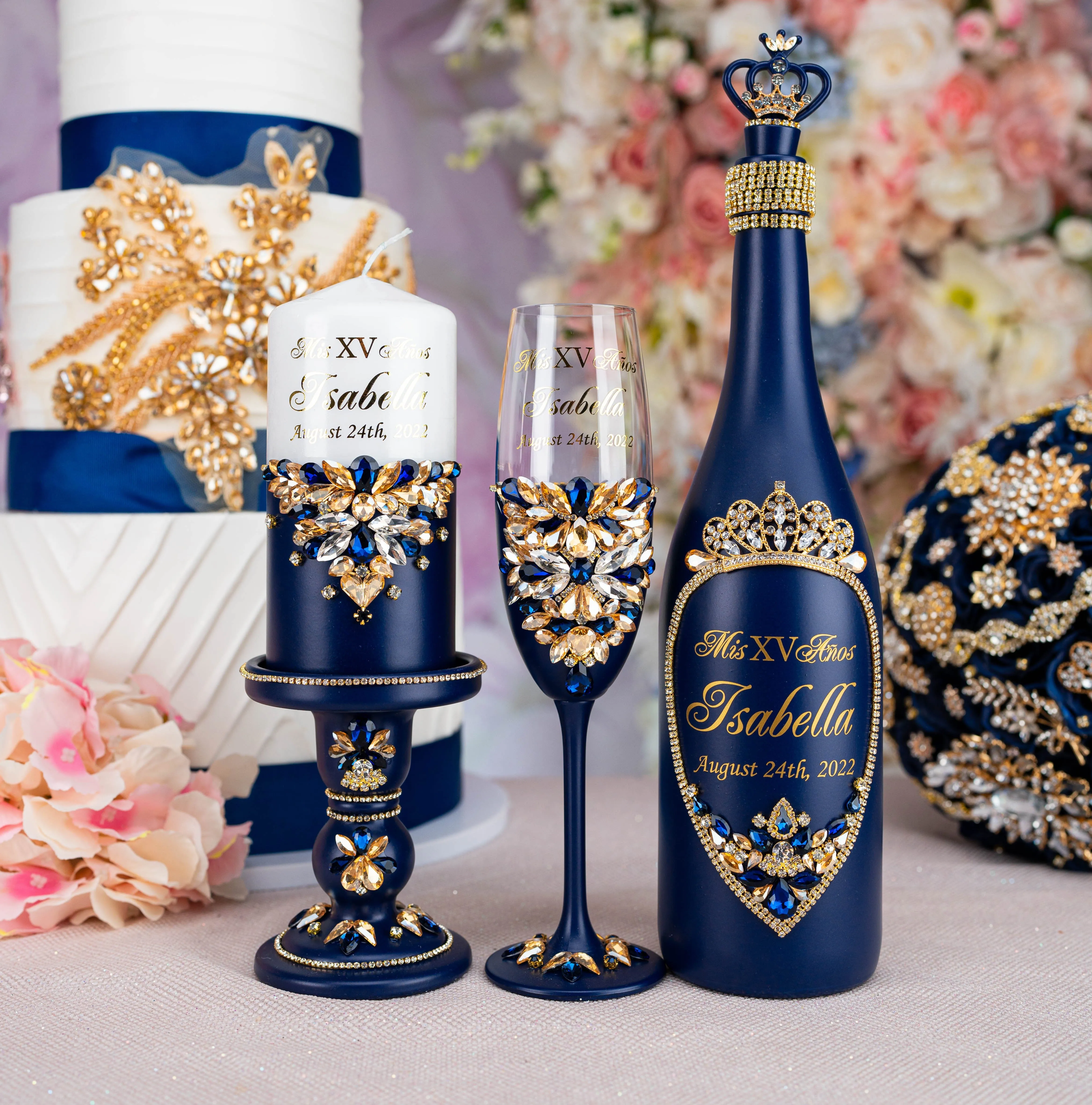 Navy blue with gold quinceanera brindis package (5 pcs)