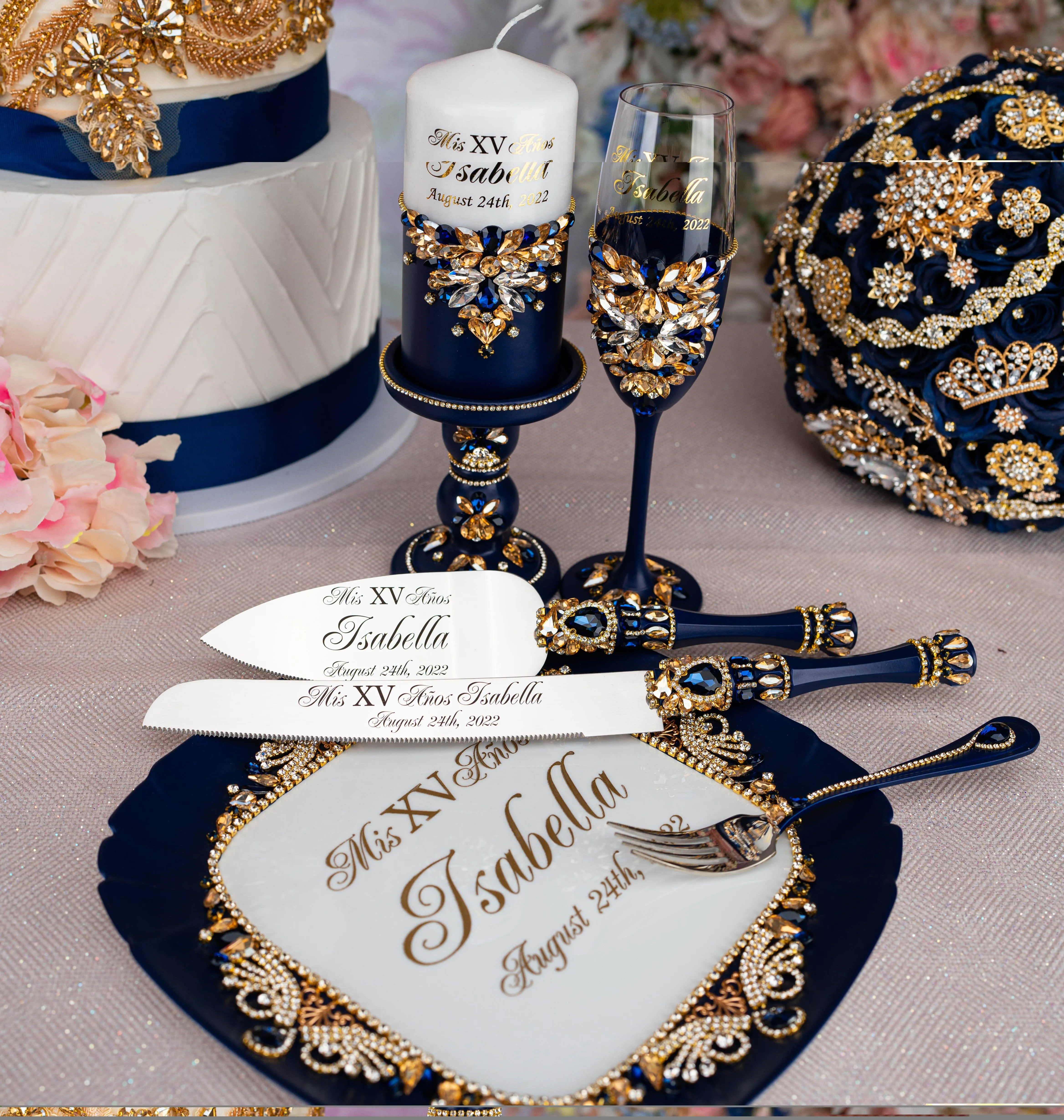 Navy blue with gold quinceanera brindis package (5 pcs)