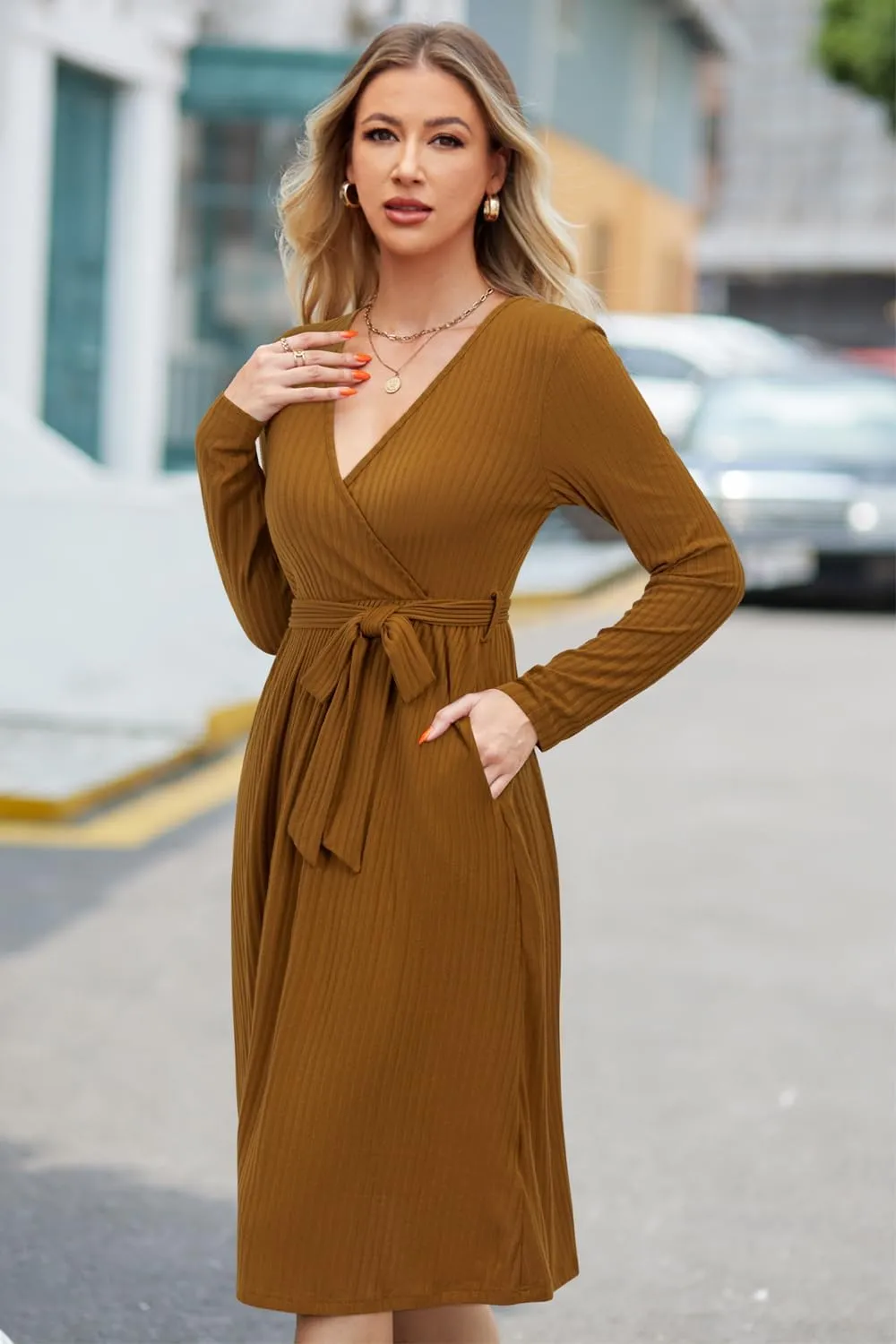 Newshows Womens 2024 Fall Sweater Dress Long Sleeve Business Casual Outfits V Neck Ribbed Knit Belt Trendy with Pockets