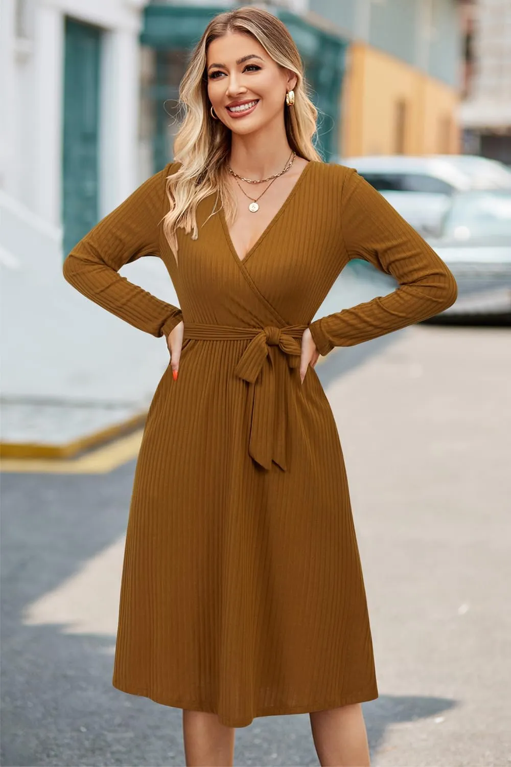 Newshows Womens 2024 Fall Sweater Dress Long Sleeve Business Casual Outfits V Neck Ribbed Knit Belt Trendy with Pockets