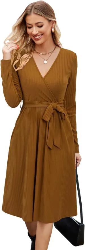 Newshows Womens 2024 Fall Sweater Dress Long Sleeve Business Casual Outfits V Neck Ribbed Knit Belt Trendy with Pockets