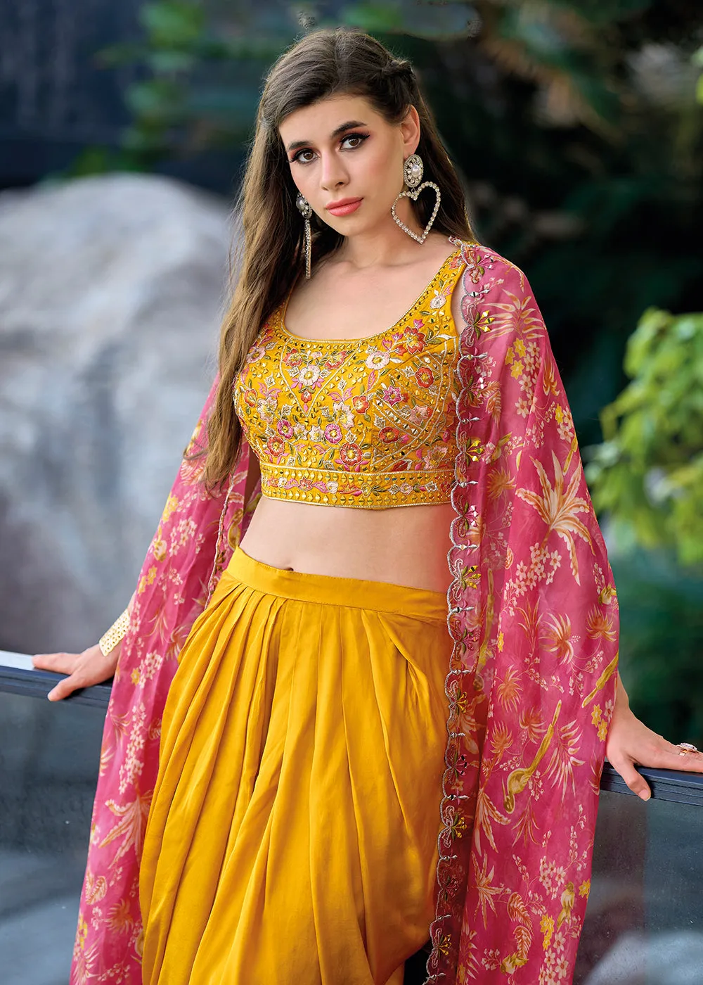 Orange Satin Silk Embroidered Dhoti Style Crop Top Suit