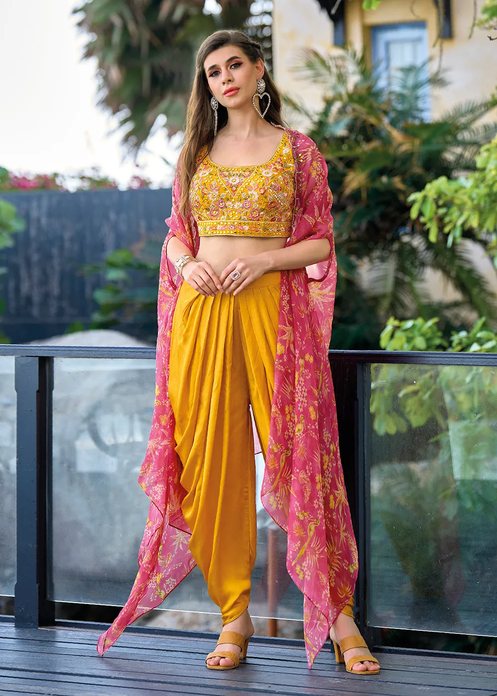 Orange Satin Silk Embroidered Dhoti Style Crop Top Suit