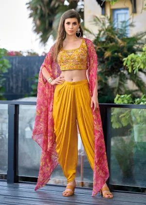 Orange Satin Silk Embroidered Dhoti Style Crop Top Suit