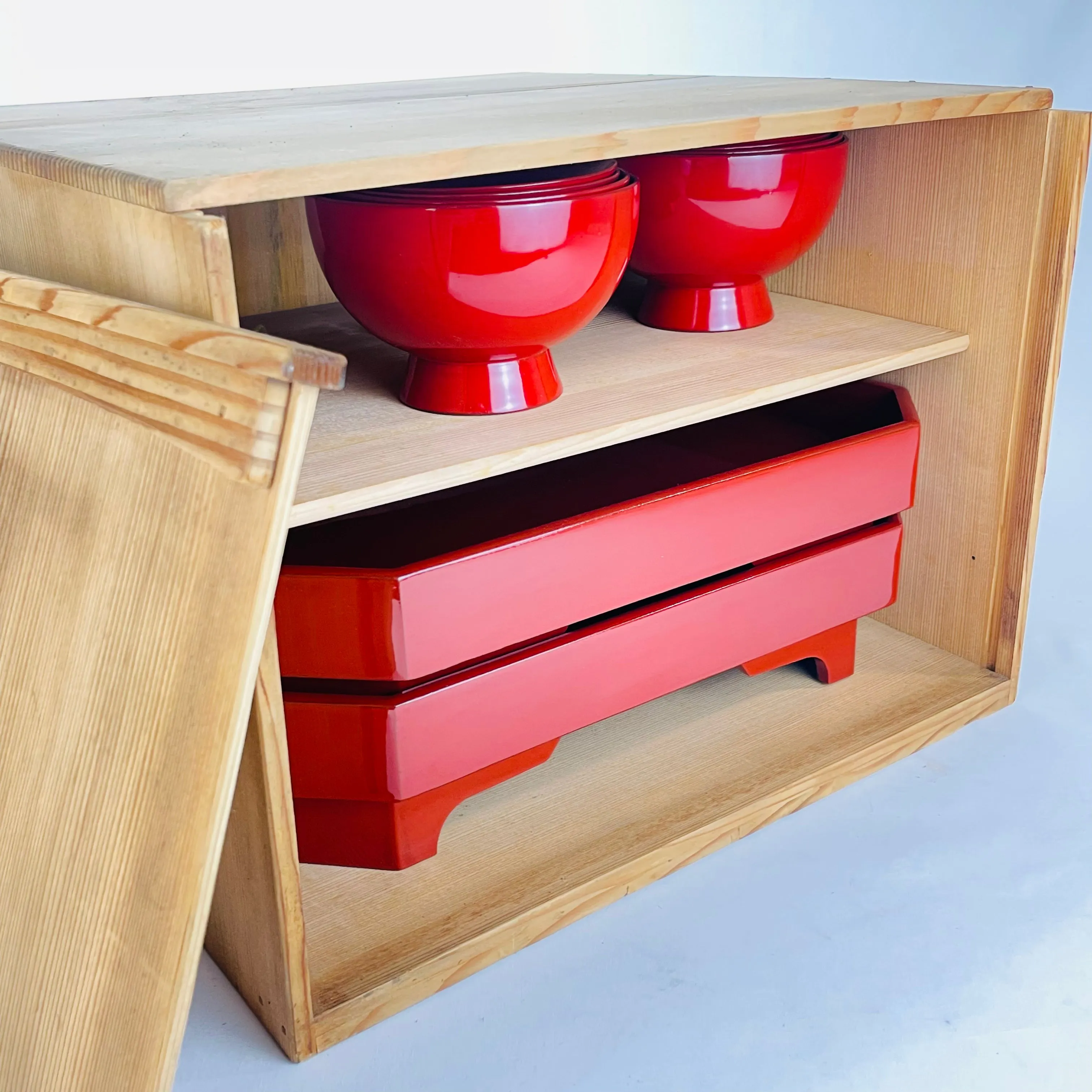 Pair of Antique Taisho Era C1920 Japanese Wood & Lacquer Settings w/ Trays and Storage Box