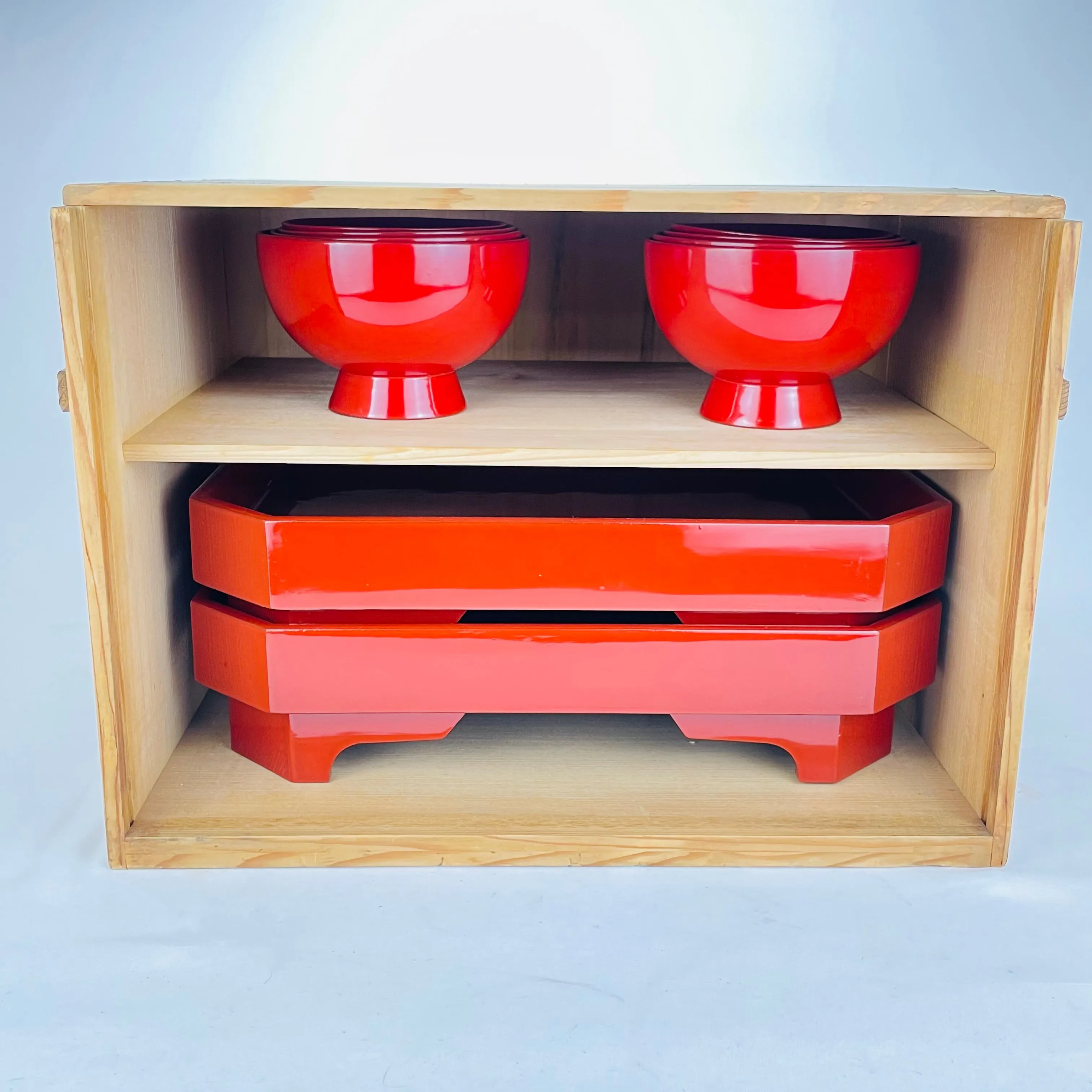 Pair of Antique Taisho Era C1920 Japanese Wood & Lacquer Settings w/ Trays and Storage Box