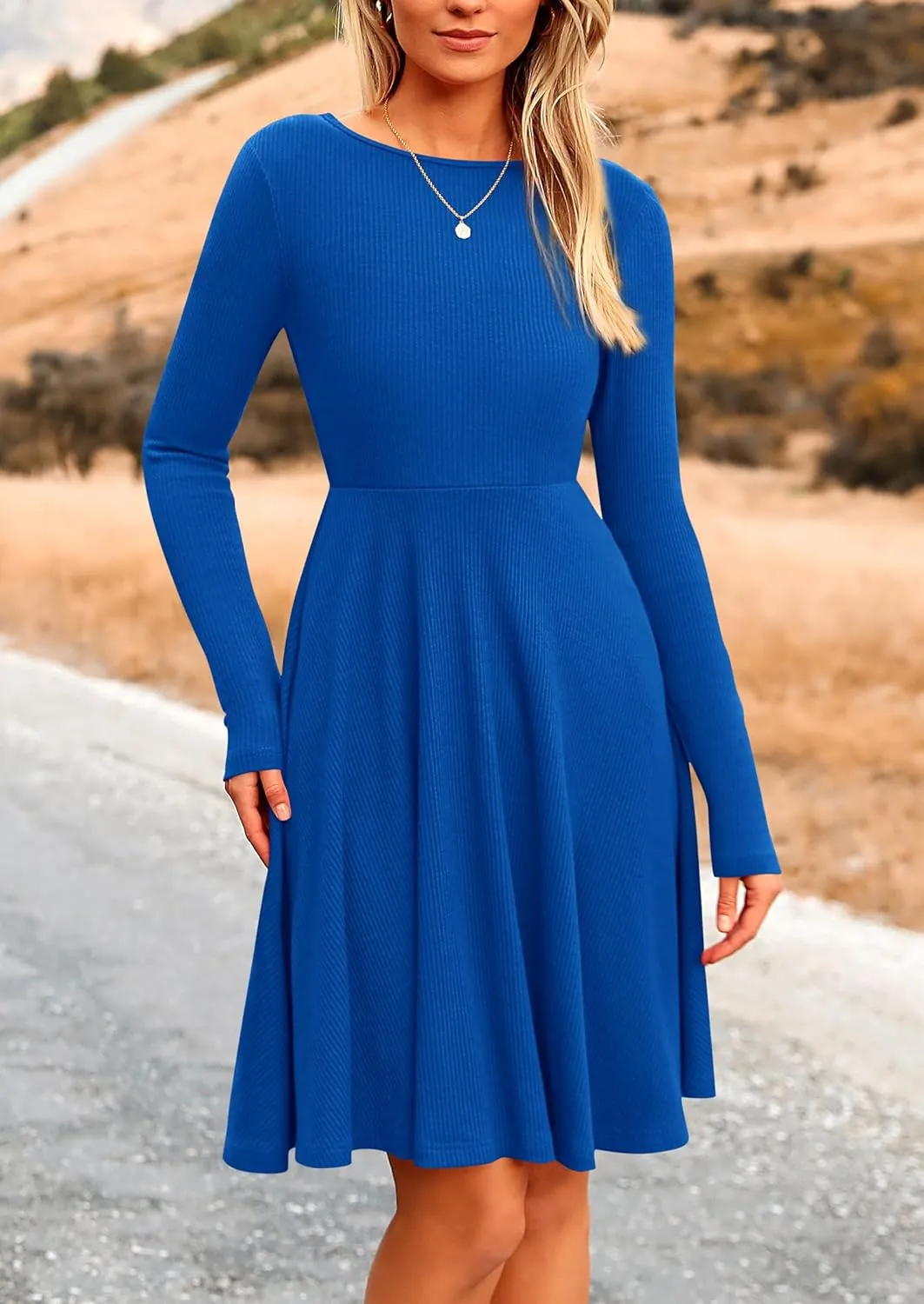 PRETTYGARDEN Women's Spring Fall Short Dress Ribbed Knit Crewneck Long Sleeve A Line Flowy Casual Elegant Going Out Dresses