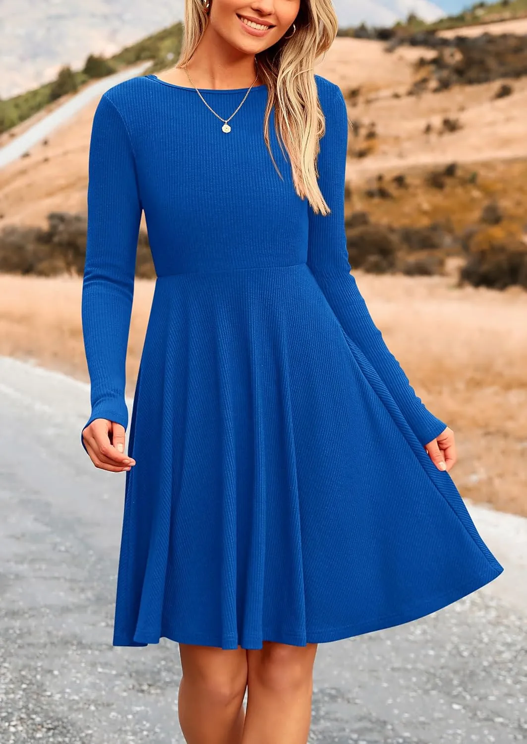 PRETTYGARDEN Women's Spring Fall Short Dress Ribbed Knit Crewneck Long Sleeve A Line Flowy Casual Elegant Going Out Dresses