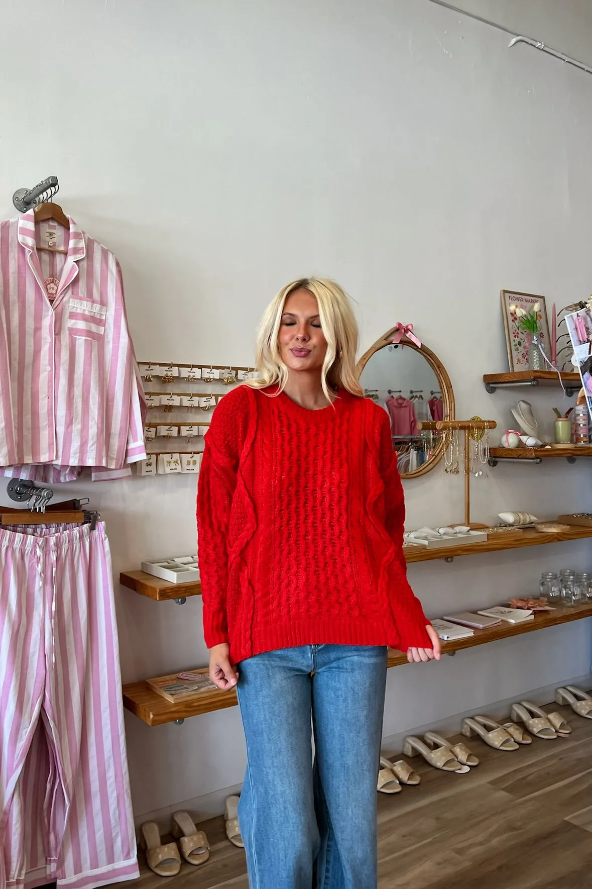 Quinn Cable Knit Sweater in Red
