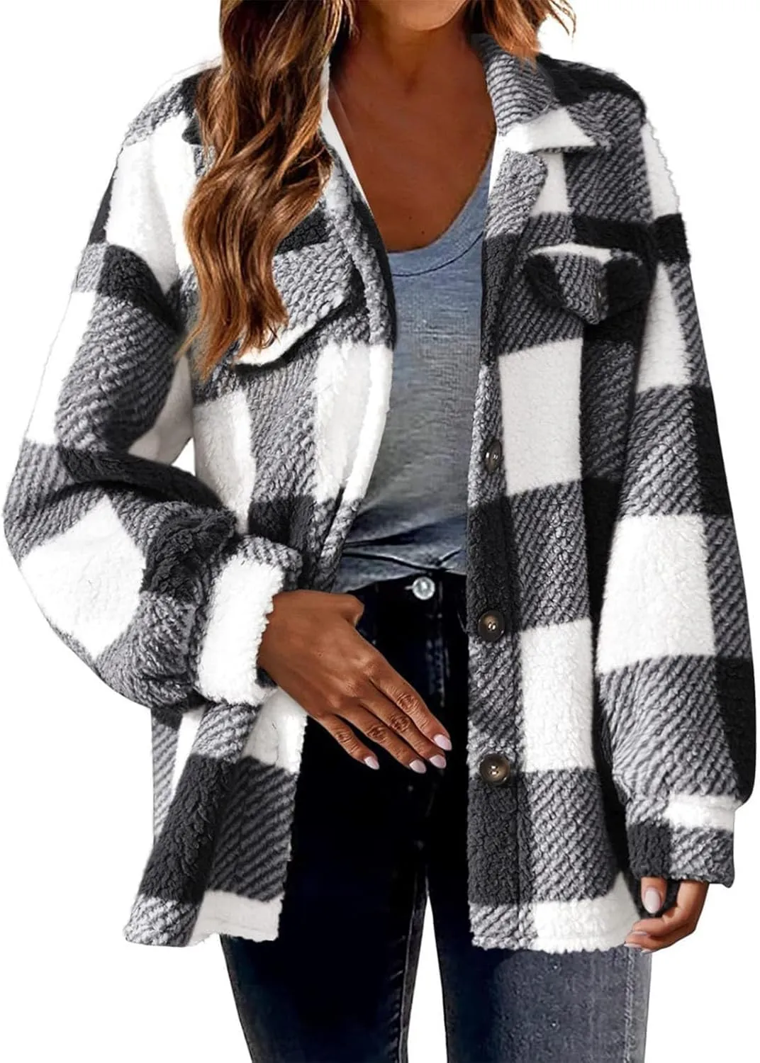 Sherpa Jacket Women Oversized Long Sleeve Furry Fleece Shacket Jackets Trendy Draped Plaid Button Down Winter Coats
