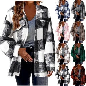 Sherpa Jacket Women Oversized Long Sleeve Furry Fleece Shacket Jackets Trendy Draped Plaid Button Down Winter Coats