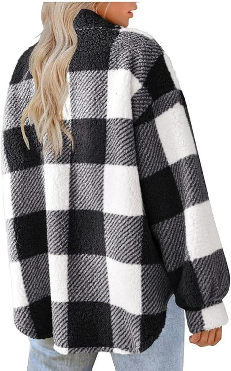 Sherpa Jacket Women Oversized Long Sleeve Furry Fleece Shacket Jackets Trendy Draped Plaid Button Down Winter Coats
