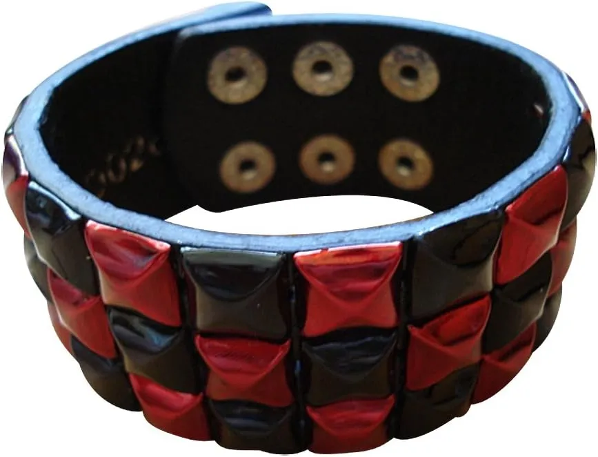 Shining Red/Black Checkered Studded Leather Bracelet