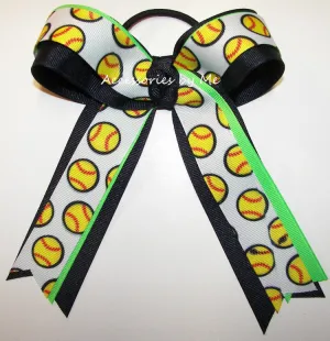 Softball Neon Green Navy Ponytail Holder Bow