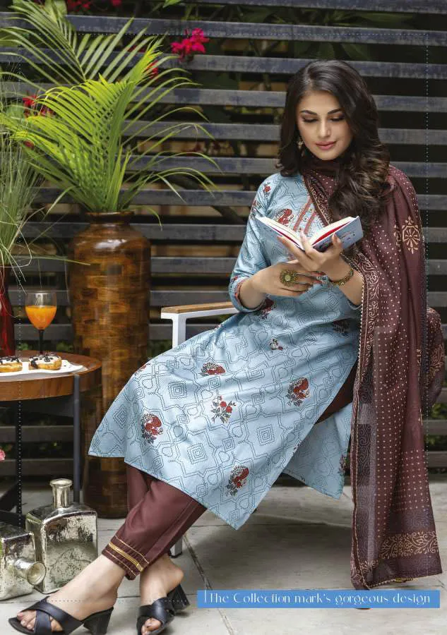 Stitched Readymade Blue Printed Cotton Suit Set