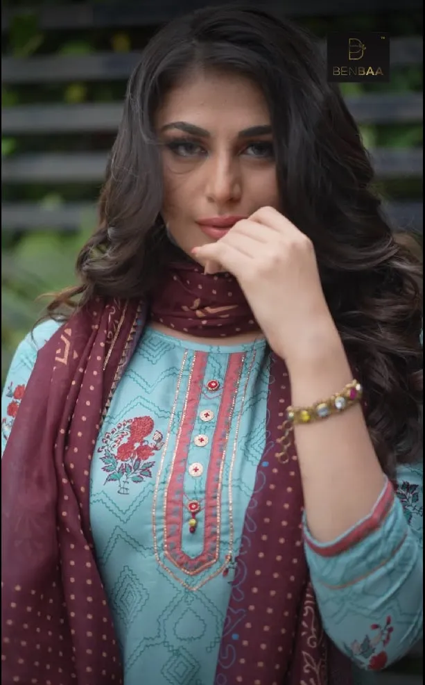 Stitched Readymade Blue Printed Cotton Suit Set