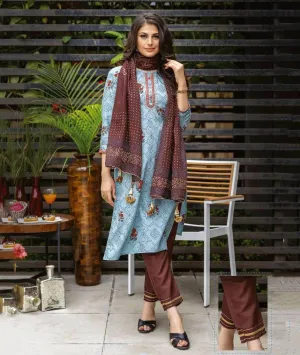Stitched Readymade Blue Printed Cotton Suit Set