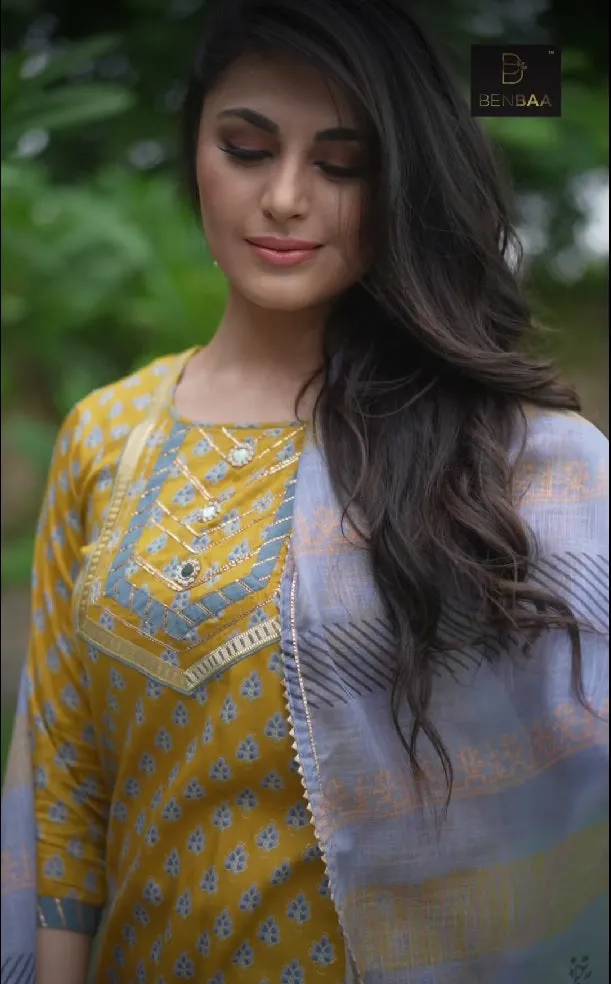 Stitched Readymade Printed Yellow Cotton Suit Set