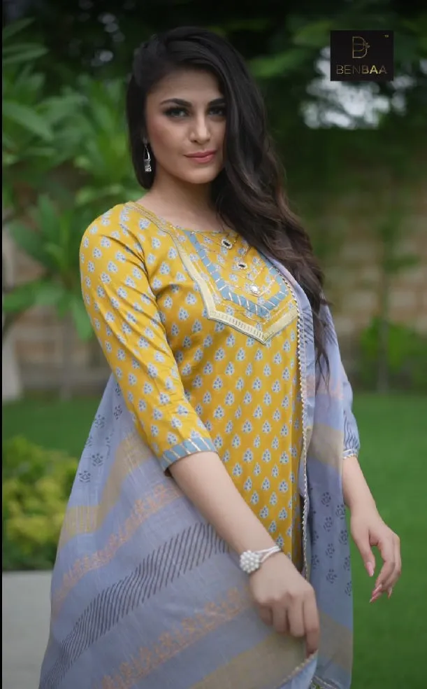 Stitched Readymade Printed Yellow Cotton Suit Set