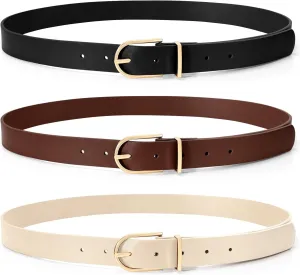 SUOSDEY 2 Pack 3 Pack Womens Fashion Leather Belts for Jeans Dresses Pants Black Brown Beige Ladies Belts with Gold Buckle