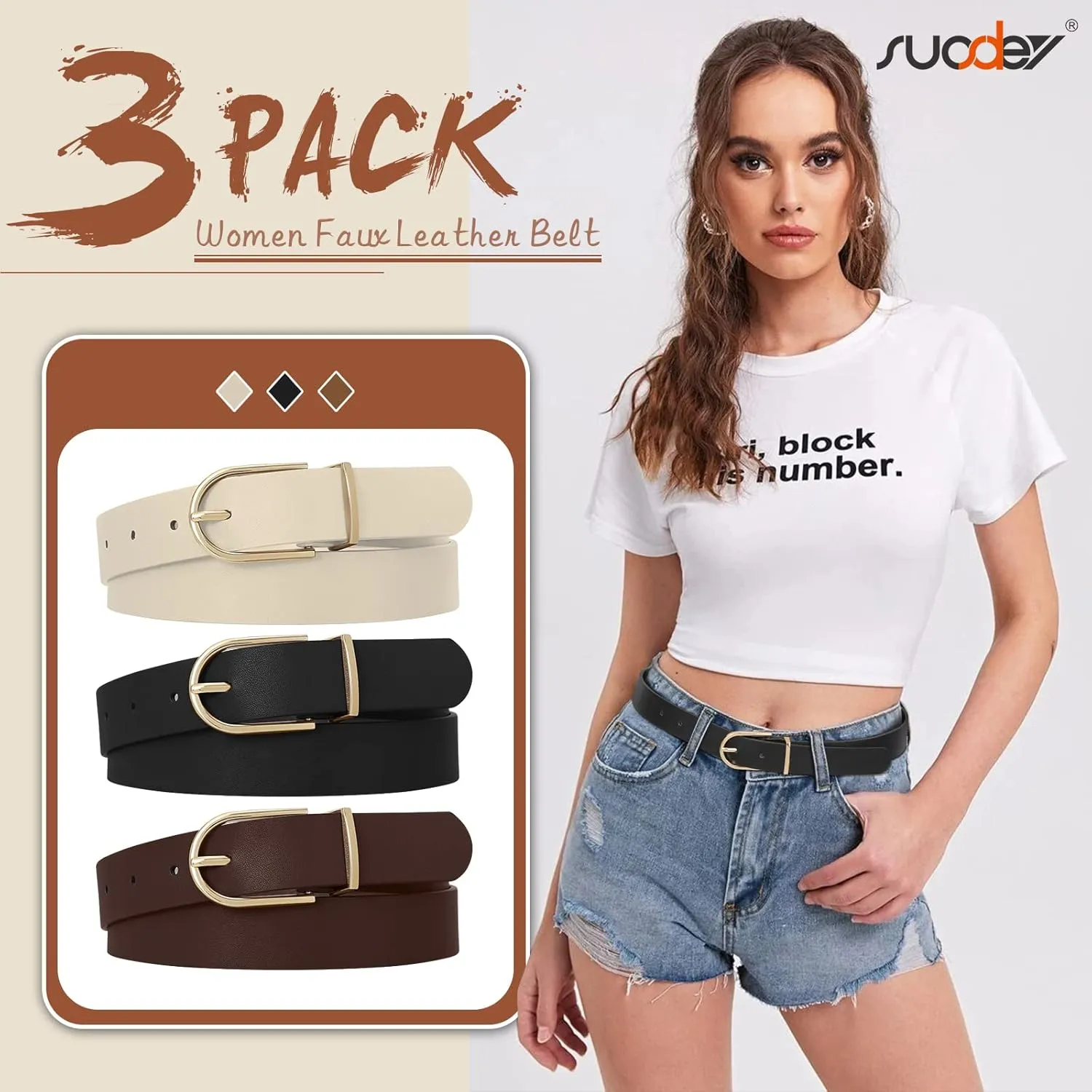 SUOSDEY 2 Pack 3 Pack Womens Fashion Leather Belts for Jeans Dresses Pants Black Brown Beige Ladies Belts with Gold Buckle