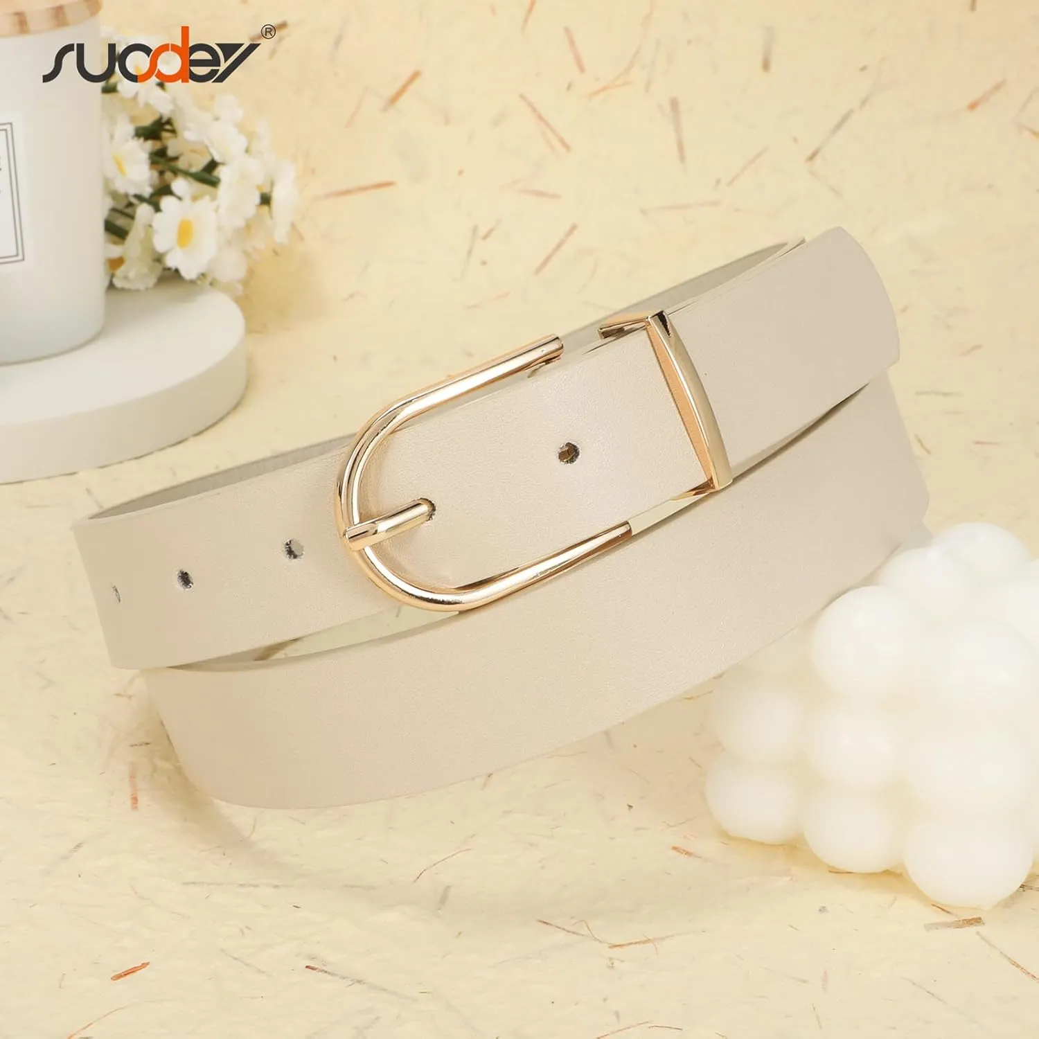 SUOSDEY 2 Pack 3 Pack Womens Fashion Leather Belts for Jeans Dresses Pants Black Brown Beige Ladies Belts with Gold Buckle